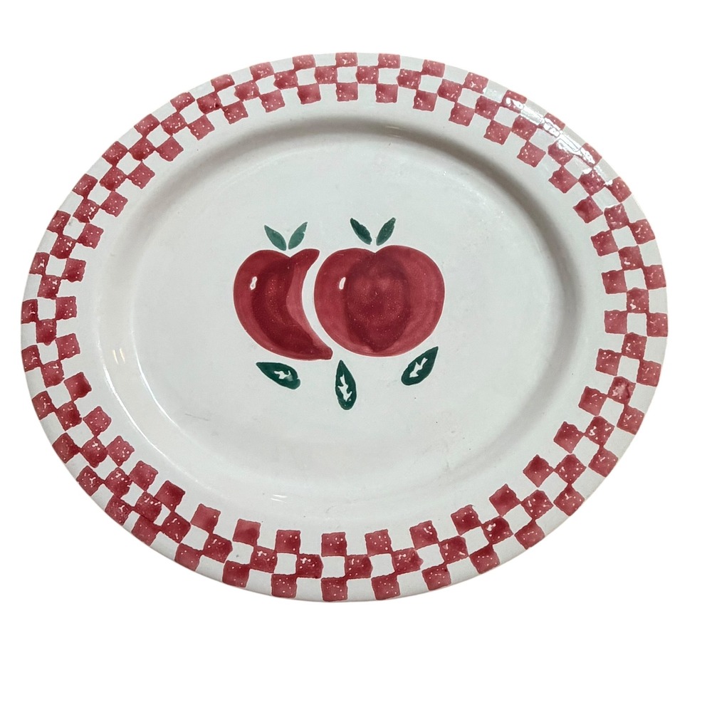 Vintage Hand Painted Ceramic Apple Platter Red Checkered Oval Serving Dish 14in